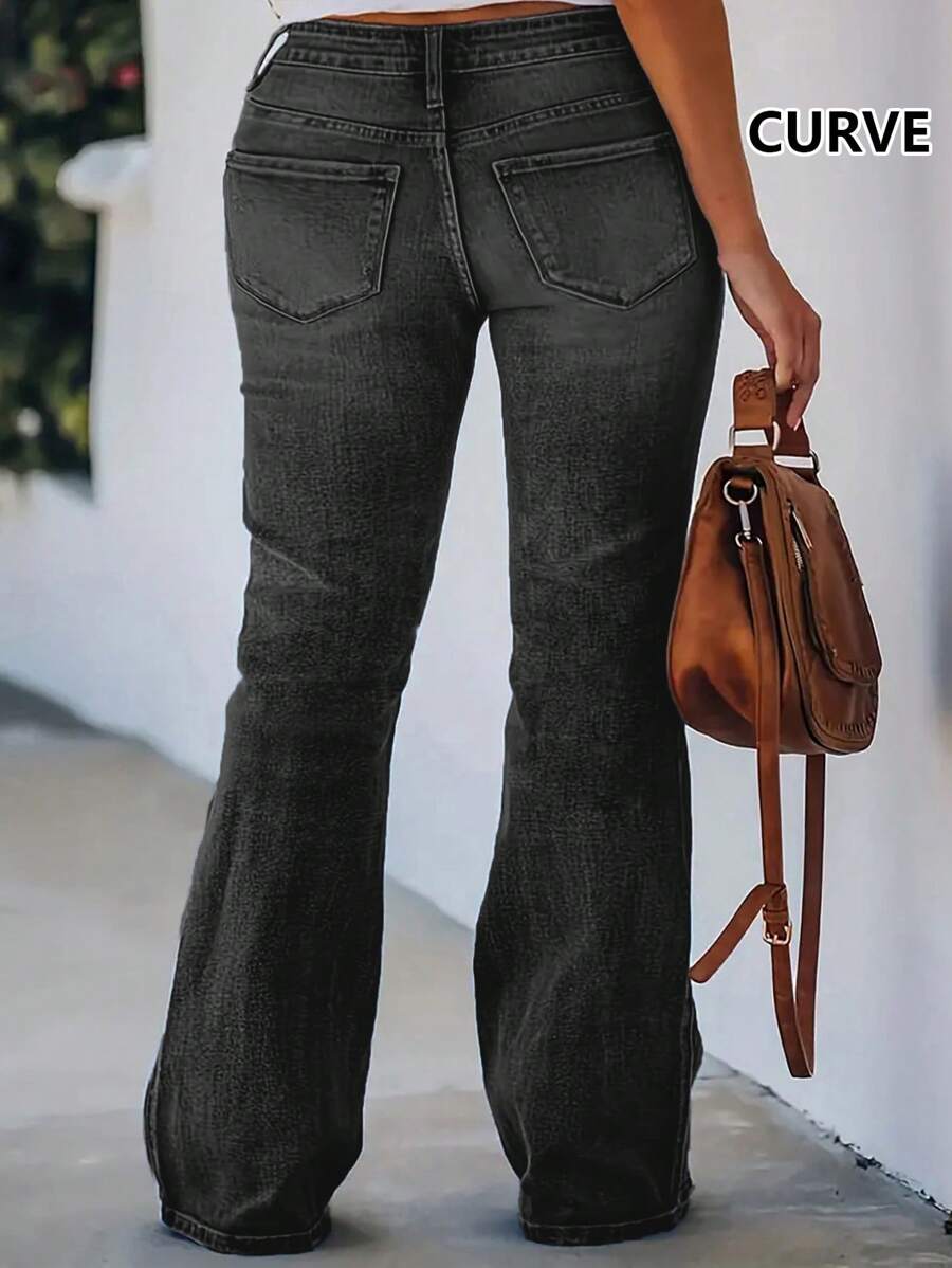 All-Season Simple And Stylish Plus-Size Women's Stretch Slim-Fit Flared Pocket Jeans - màu đen - Xem 1