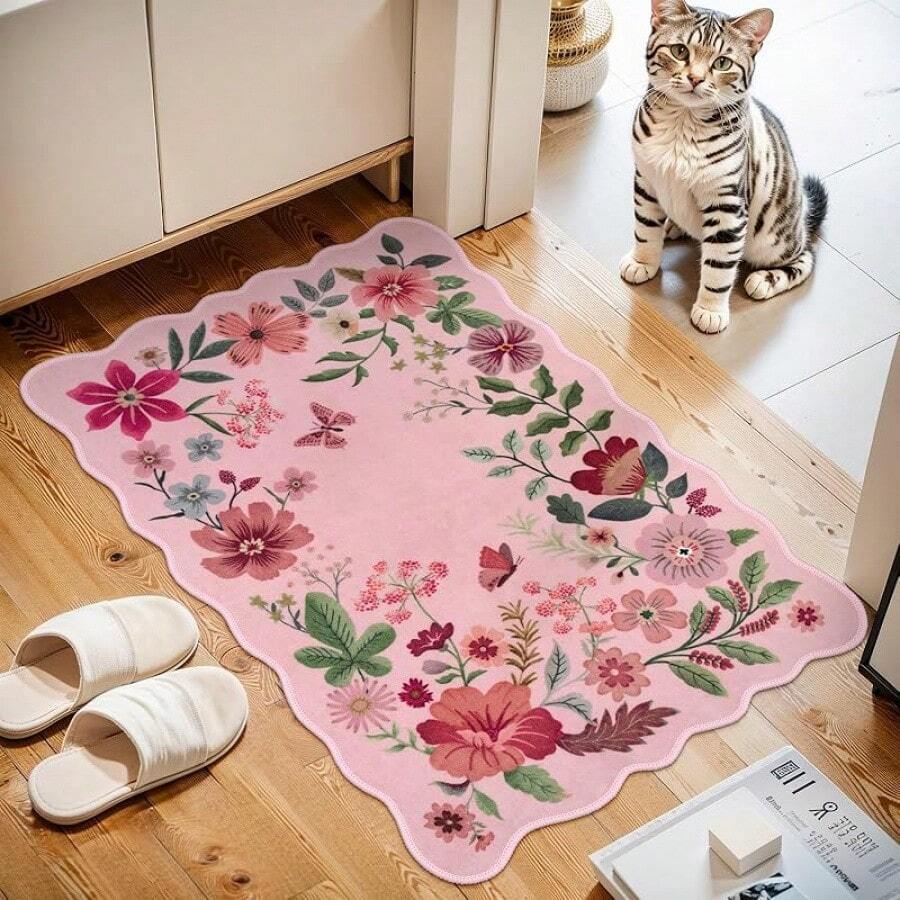Lahome Floral Entryway Mat, 2X3 Washable Kitchen Rug, Ulta-Thin Soft Non-Slip Stain Resistant Boho Small Rug For Bathroom Bedroom, 2x3ft, Green - 粉色 - 查看 1