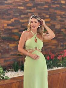 LONG DRESS WITH CUTOUT. - Green - View 3