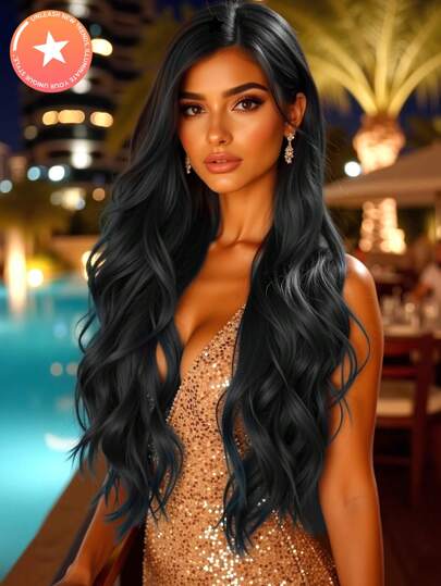 28 英寸自然黑色长卷发假发带刘海合成假发初学者友好耐热时尚日常使用万圣节婚礼派对装音乐节母亲节礼物热卖