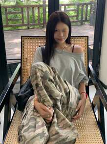 Solid Color Short Sleeve T-Shirt, Loose Slouchy Off-Shoulder Off Shoulder Lightweight Breathable Blouse