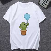 New Cute Cactus And Balloon Print T Shirt Women Fashion Harajuku Short Sleeve T-Shirt White Hipster Tshirt Female Tops Clothes - 白色 - 查看 1