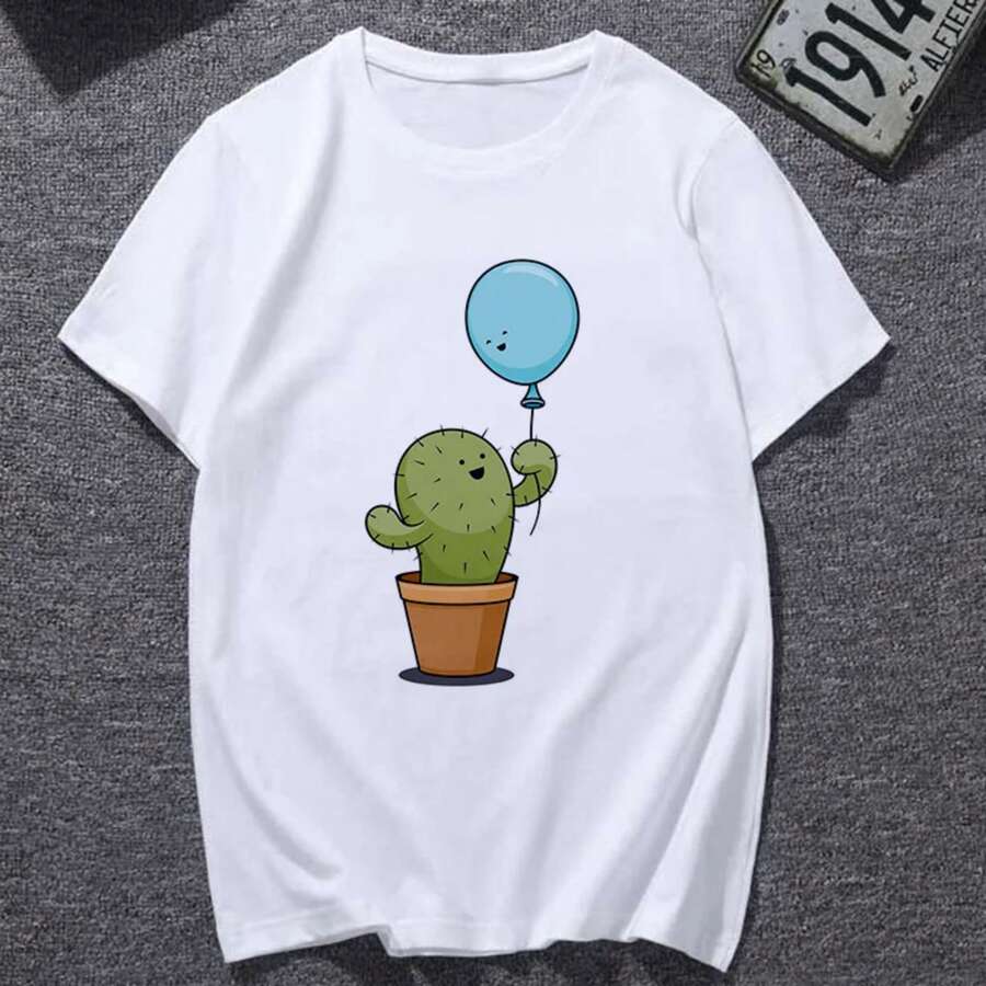 New Cute Cactus And Balloon Print T Shirt Women Fashion Harajuku Short Sleeve T-Shirt White Hipster Tshirt Female Tops Clothes - 白色 - 查看 1