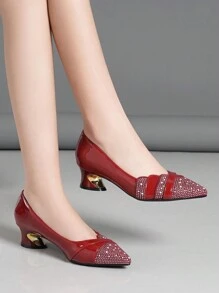 New Arrival Comfortable & Fashion High-Heel Shoes With Rhinestone, Black, White, Silver, Brown Pointed Toe Chunky Heel Casual Pumps, Versatile