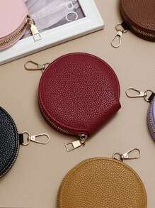圆形拉链零钱包，便携式迷你圆形皮革纹理耳机包，钥匙包 - 彩色 - 查看 2