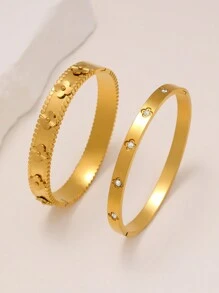 Exaggerated 4-Leaf Clover Stainless Steel Bangle Set For Women, Suitable For Multiple Occasions, Couples, Gala, Party And Gift