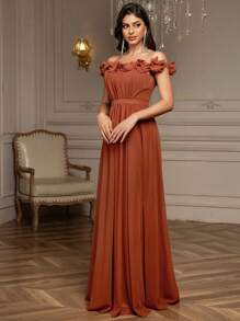 露肩立体花卉贴花雪纺舞会礼服、派对礼服、婚礼宾客礼服、舞会礼服