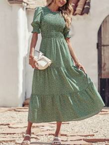 Women Casual Summer Crew Neck Ruffle Short Sleeve Floral Print Polka Dots Smocked Dress Button Keyhole Back Spring Boho Bohemia Tropical Flowy Beach Holiday Vacation Valentine Long Maxi Dress - chấm bi xanh - Xem 4
