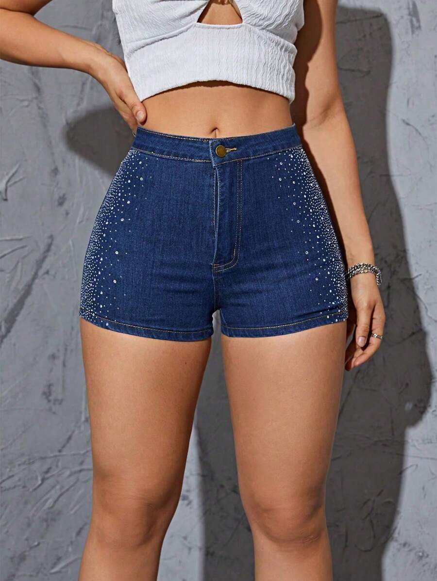 Women's Rhinestone Stretch Denim Shorts High Waisted Bodycon Shorts - 5" Inseam Skinny Jean Shorts With Zip & Button Closure, Sparkling Embellished Design - Dark Wash - View 1
