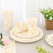 80pcs/Set White & Gold Polka Dot Theme Disposable Party Tableware Set, Suitable For Family Gatherings, Birthday Parties, Weddings, Valentine's Day, Mother's Day, Thanksgiving, Includes 9-Inch & 7-Inch Disposable Paper Plates, Paper Cups, And Napkins