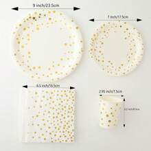 80pcs/Set White & Gold Polka Dot Theme Disposable Party Tableware Set, Suitable For Family Gatherings, Birthday Parties, Weddings, Valentine's Day, Mother's Day, Thanksgiving, Includes 9-Inch & 7-Inch Disposable Paper Plates, Paper Cups, And Napkins