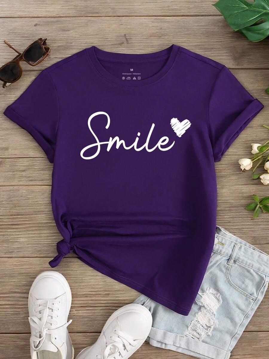 Spring/Summer Ladies Short Sleeve T-Shirt, Regular Ladies Apparel Smile Letter Printed Standard Size Short Sleeve T-Shirt, Ladies Round Neck Comfortable Casual Sports Short Sleeve T-Shirt, Ladies Dark Purple Top, Spring Clothing, Summer Top, Holiday Gift
