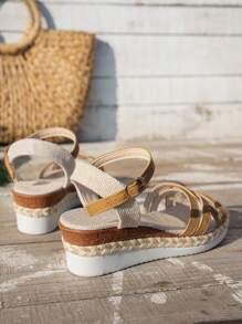 Women's Wedge Platform Sandals, Summer Rope Woven Open Toe Criss-Cross Breathable Slides, Casual Fashion Versatile Strap Sandals