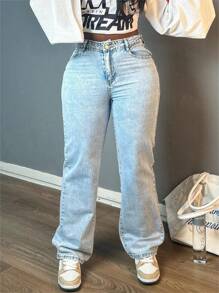 Women Casual Straight-Leg Jeans, Fashion Simple Style, Button, Zipper, Solid Color Denim Pants,Suitable For All Occasions - 淺色水洗藍 - 查看 2