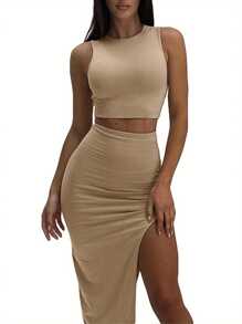Conjunto de dos piezas de verano para mujer: top sin mangas de cuello redondo de color liso y falda larga con abertura hasta la cadera. - color - Ver 3