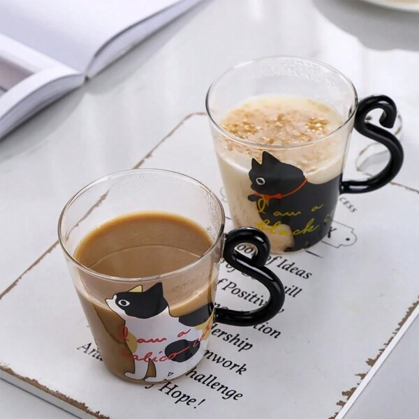 1pc Cute Cat Print Heatproof High Borosilicate Glass Cup With Handle, Suitable For Juice, Milk, Breakfast
