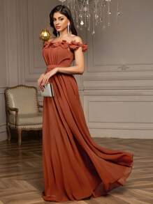 露肩立体花卉贴花雪纺舞会礼服、派对礼服、婚礼宾客礼服、舞会礼服