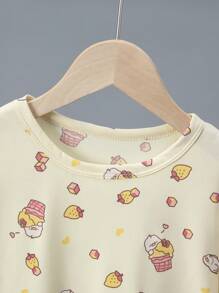 4pcs/Set Girls Lightweight 3/4 Sleeve Cartoon Print Pajama Set, Spring & Summer Top And 7/8 Pants Set