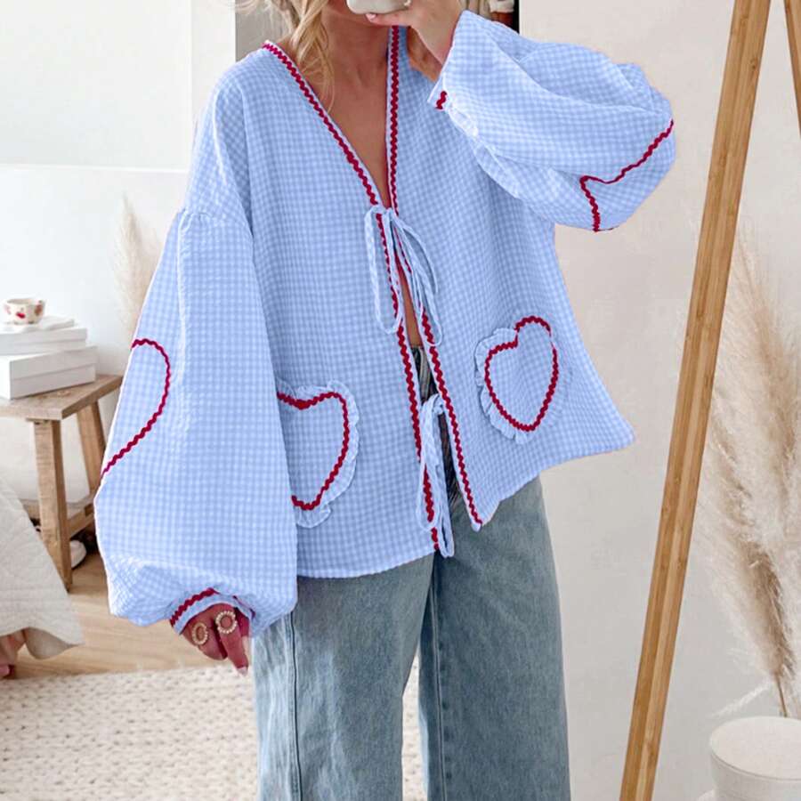 Women Plaid Tie Front Top Cute Trim Patchwork Shirt Summer Y2k Puff Long Sleeve V Neck Lace Up Loose Blouse Heart Embroidery Babydoll Shirts Cute Spring Tops - 藍色 - 查看 1