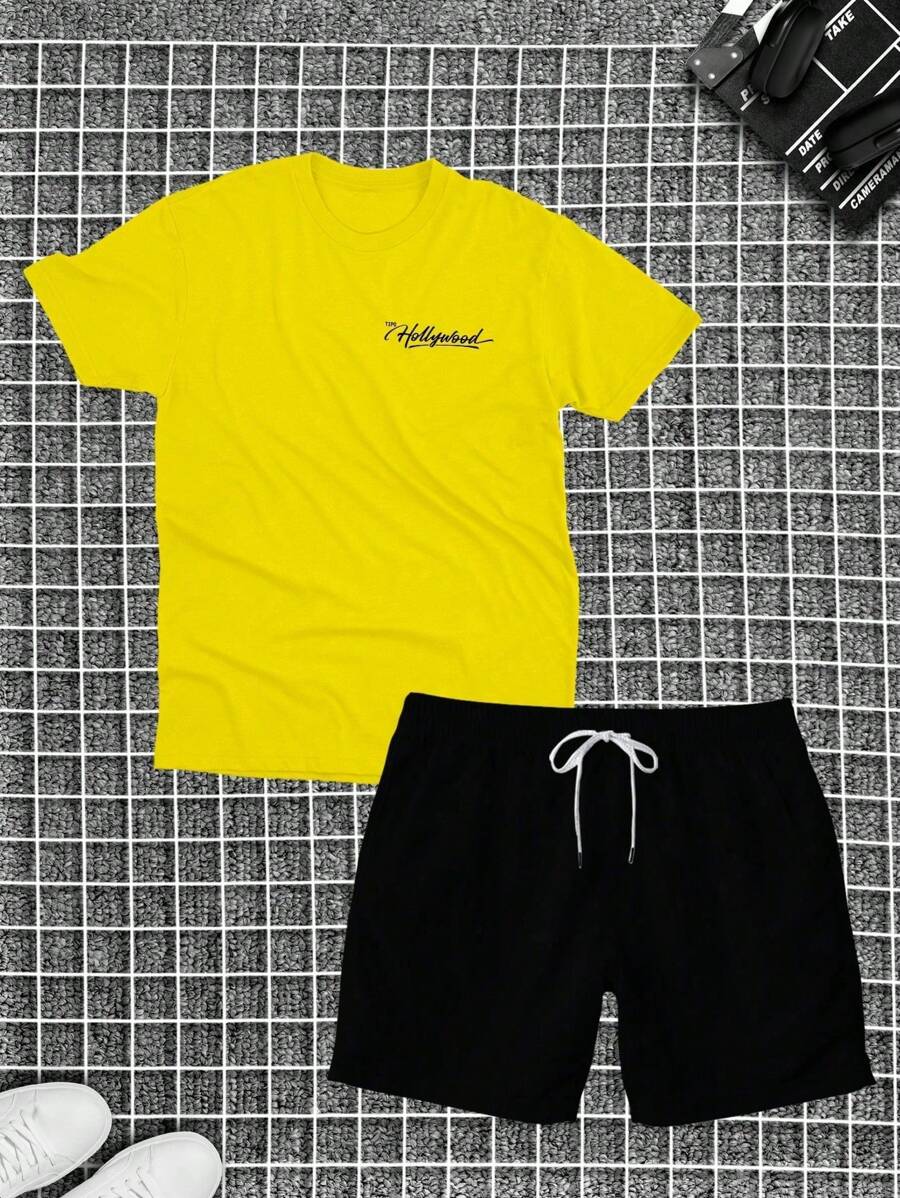Cotton T-Shirt + Tectel Shorts Set For Men, Adult, New HL - 黃色 - 查看 1
