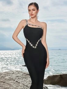 ADYCE 女士水钻装饰不对称领口无袖高腰露背正式晚礼服、派对礼服、婚礼宾客礼服、晚礼服