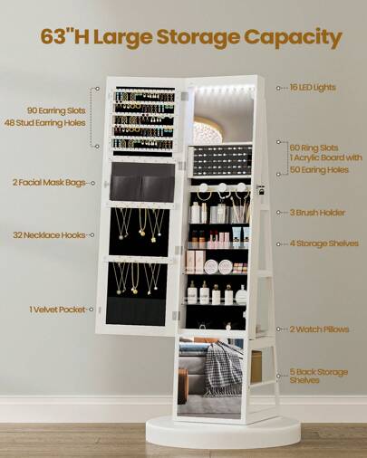 Hzuaneri Mirror Jewellery Cabinet, Standing Jewellery Organiser With 360° Rotating Base, Full Length Lockable Mirror, Large 4-Tier Storage Compartments, Multifunctional Home Bathroom Decor Summer Makeup Organizer Bathroom Accessories