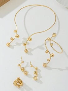 1 套时尚优雅几何线条大号和小号金珠项链手链戒指耳环首饰套装，适合女士、派对佩戴和礼物 - 金黃色 - 查看 2