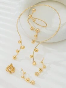 1 套时尚优雅几何线条大号和小号金珠项链手链戒指耳环首饰套装，适合女士、派对佩戴和礼物 - 金黃色 - 查看 3