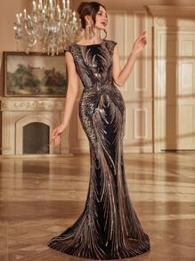 Vestido de noche formal elegante de longitud hasta el suelo con adornos de lentejuelas, vestido de fiesta con silueta entallada para mujeres, vestido para invitada a una boda