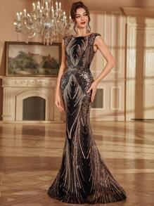 Elegancka, długa do ziemi, formalna suknia wieczorowa z cekinami, dopasowana sukienka imprezowa dla kobiet, sukienka na wesele na wiosnę i wakacje w kolorze czarnym - Czarne - Zobacz 3