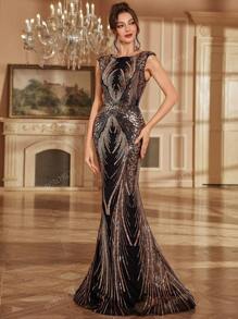 Vestido de noche formal elegante de longitud hasta el suelo con adornos de lentejuelas, vestido de fiesta con silueta entallada para mujeres, vestido para invitada a una boda