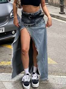 Y2K Street Vintage Edge Washed Frayed Ripped Raw Tirm Asymmetrische Zoom Tweezijdige Draag Bodycon Denim Rok Knoopsluiting Om Denim Mini Rok Te Laten Zien Hottie Festival Outifts