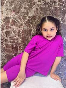 Young Girl Round Neck Thermal Underwear Set - Violet Purple - View 2
