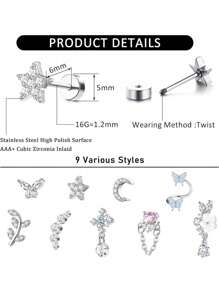 CASSIECA 1 件耳轮软骨耳环 男女款 不锈钢耳屏耳环 蝴蝶月亮星星花朵耳洞首饰 适用于耳轮软骨耳屏