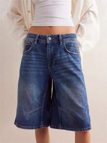 Womens Knee Length Denim Shorts Solid Color Low Waist Wide Leg Jean Shorts For Summer - Blue - View 3