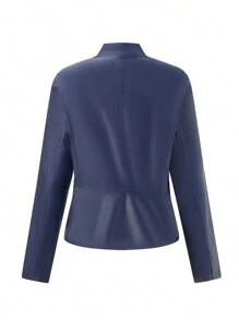 Women's Vintage Black Faux Leather Jacket Elegant Slim Moto PU Biker Jacket Outerwear, Long Sleeve Zipper Short Jacket Casual Party Jacket - 藏青色 - 查看 6