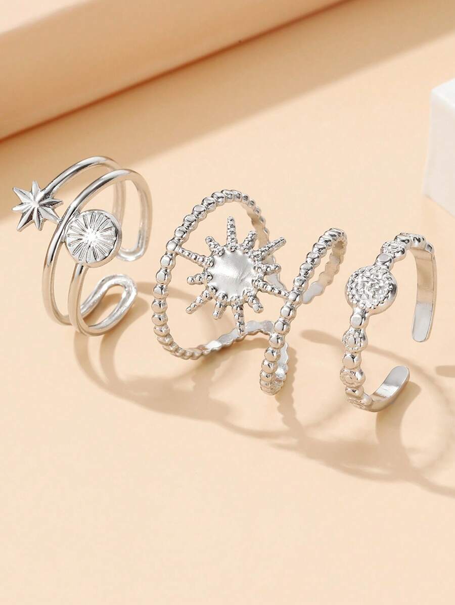 3pcs Set Elegant Shiny Star Openable Stainless Steel Rings, Vintage Hollow Adjustable Rings, Non-Fading Jewelry Gift For Mom - Set Ring - View 1