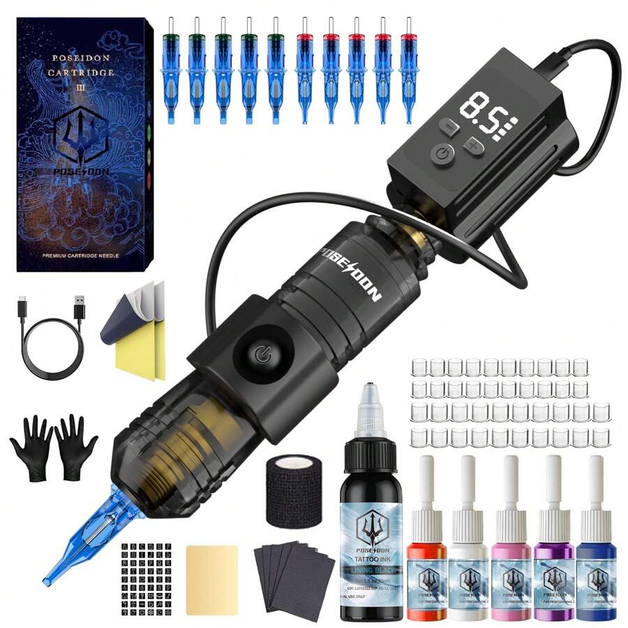 POSEIDON Wireless Tattoo Gun Kit, Rotary Tattoo Pen, 1500mAh Battery With Ring Switch, 10 Cartridge Needles, 6 Inks, Complete Cordless Tattoo Machine Kit For Beginners And Artist, Tattoo Supplies