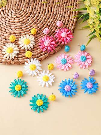 Raffia Woven Daisy Flower Earrings, Bohemian Style Colorful Cute Personalized Pendant Earrings For Women