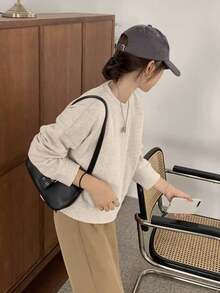 Women's Solid Color Drop Shoulder Long Sleeve Round Neck Loose & Comfy Sweatshirt