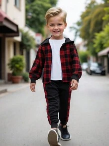 男童休闲格子长袖衬衫和运动裤两件套，秋冬 - 紅色 - 查看 3