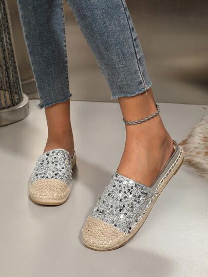 OMS 2024 neue Sommer Damen Lässig Mule Flats, vielseitige bequeme Mutterschaftsschuhe mit Seilsohlen, Slip-On Loafer mit Kettendekoration, geeignet für alle Jahreszeiten