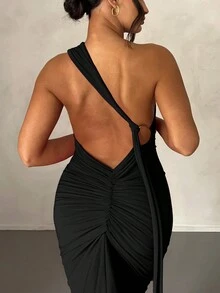 女士春夏露背拼布褶皱无袖单肩长裙优雅性感派对礼服舞会服装