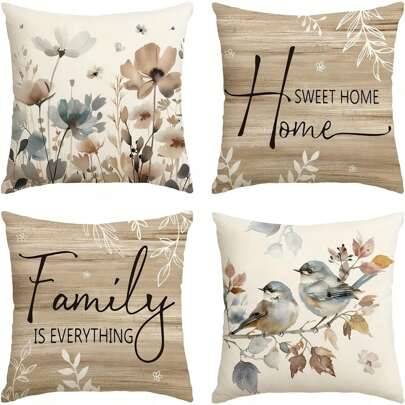 4 bucăți de huse de pernă, huse de pernă maro cu imprimeu floral din boabe de lemn Sweet Home, cu fermoar ascuns din catifea piersicii, cu fermoar imprimat pe o singură față, fără inserție de pernă, potrivite pentru toate anotimpurile, decor de cameră, decor birou, decor camera de zi, decor canapea (fără inserție de pernă) )