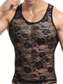Men's Sheer Mesh Tank Tops Lace Sleeveless Round Neck Slim Vest Undershirt Streetwear - 黑色 - 查看 3