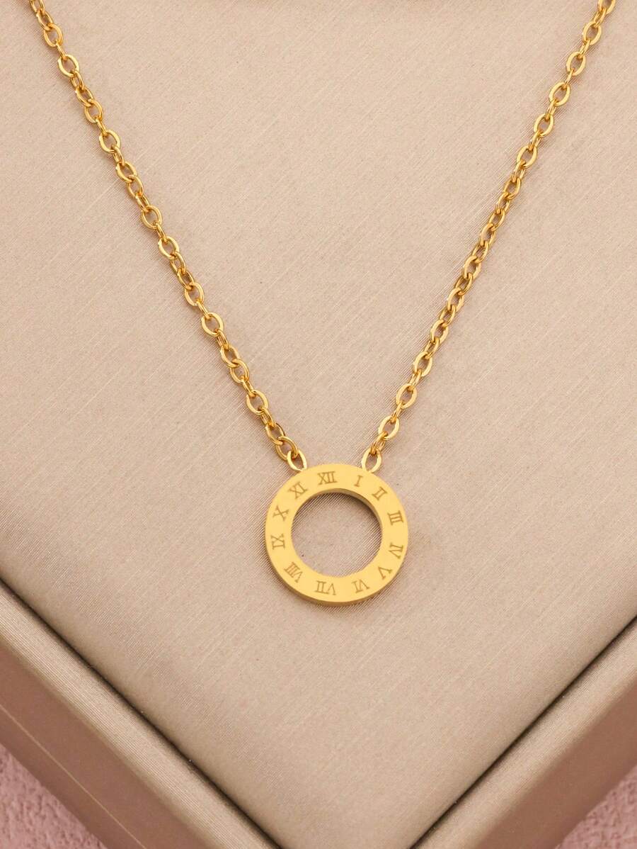 1 件罗马数字吊坠项链新款时尚空心圆形不锈钢项链链首饰女士 - 金色 - 查看 1