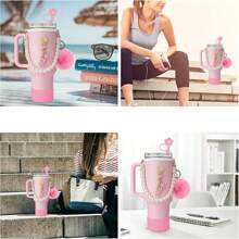 Set de 7 accesorios para taza, que incluye 1 pieza de correa para botella de agua con asa de perlas falsas, 1 pieza de bota de silicona, 1 pieza de tapa con pajita de silicona, 1 pieza de gancho con forma de corazón, 2 piezas de encantos para tumblers de 40 oz y 30 oz - Perfecto para el Día de la Mujer, San Valentín, Día de la Madre, útiles escolares