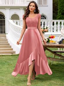 MIUSOL 花卉蕾丝甜心领盖袖缎面不对称荷叶边下摆晚会长裙婚礼宾客礼服