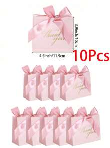 10个迷你感谢礼品袋，尺寸4.5x1.8x3.9英寸，纸袋带蝴蝶结，粉色图案，烫金工艺，适合装糖果和小物件，非常适合生日、母亲节、送礼、新娘送礼会、毕业派对、万圣节装饰等各种场合。 - 粉色 - 查看 9
