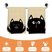 2 件套黑猫格纹图案手巾、日常厨房洗碗巾、家居装饰茶巾